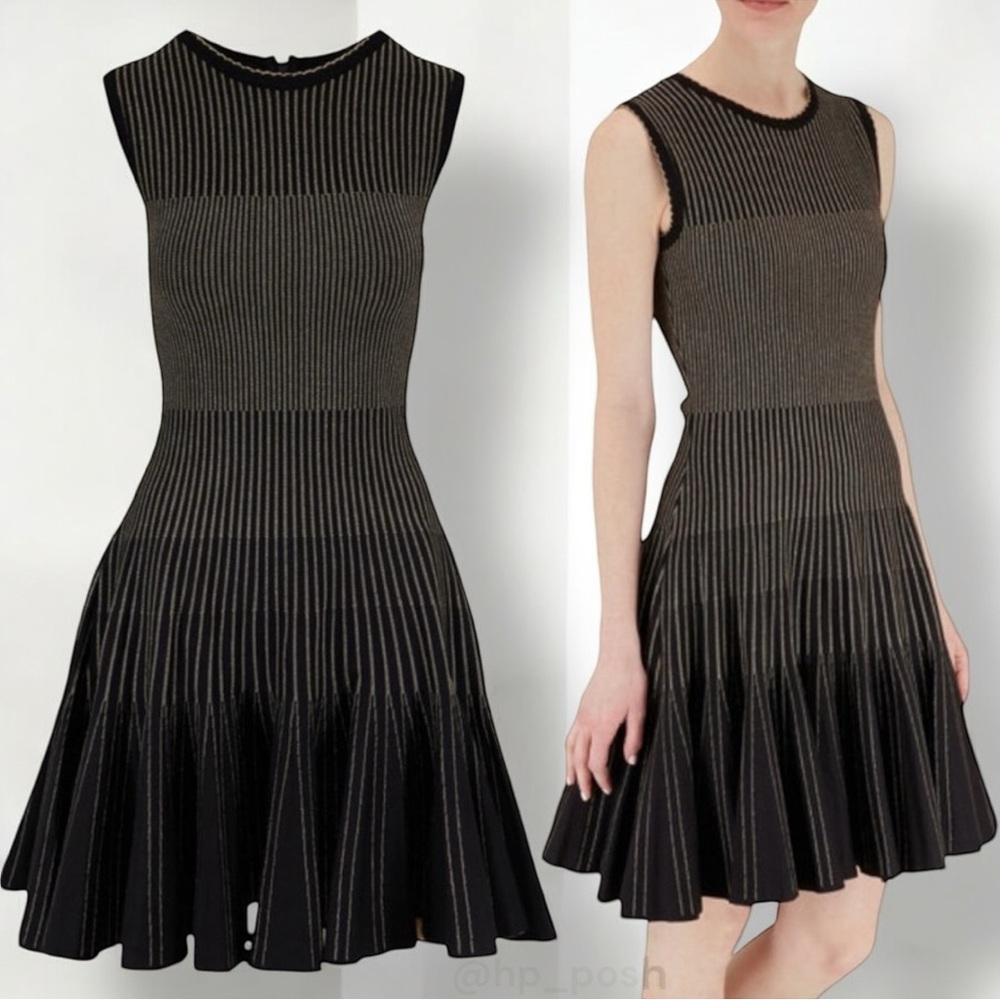 OSCAR DE LA RENTA Black/Gold Accordion Fit & Flare Sleeveless Dress NWT